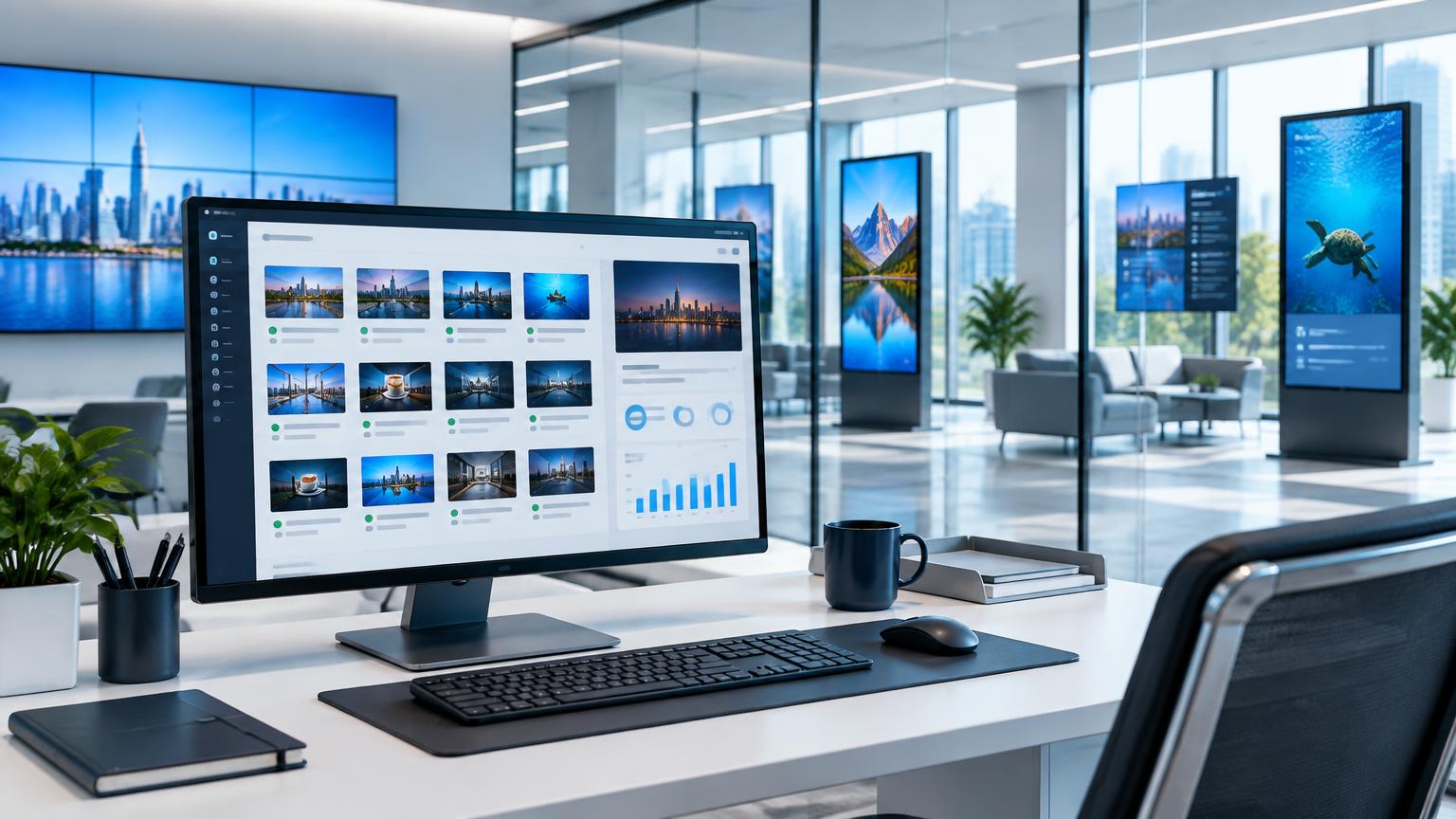 Central digital signage content management system controlling displays across multiple locations