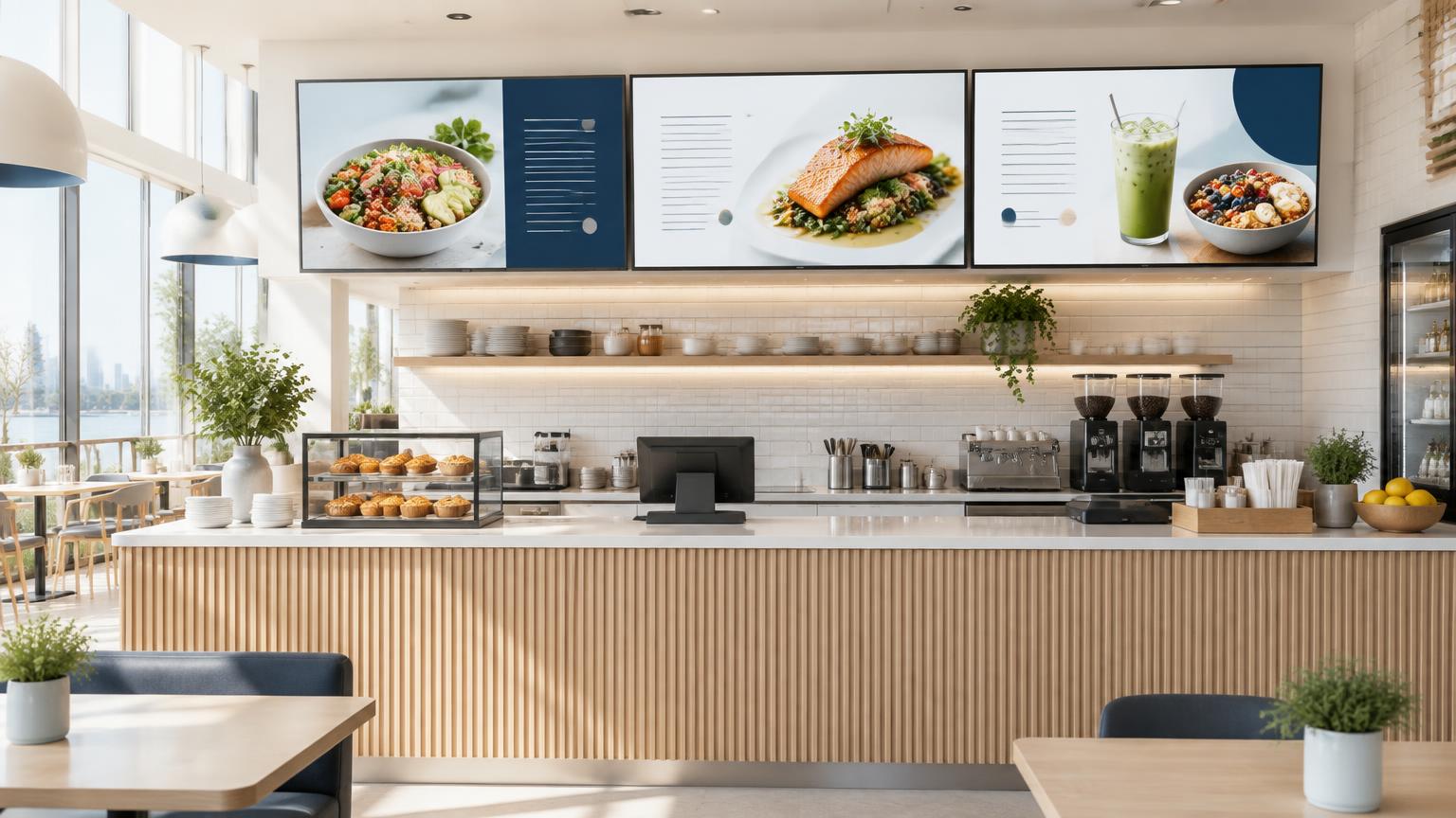 Digital menu boards in a bright modern restaurant