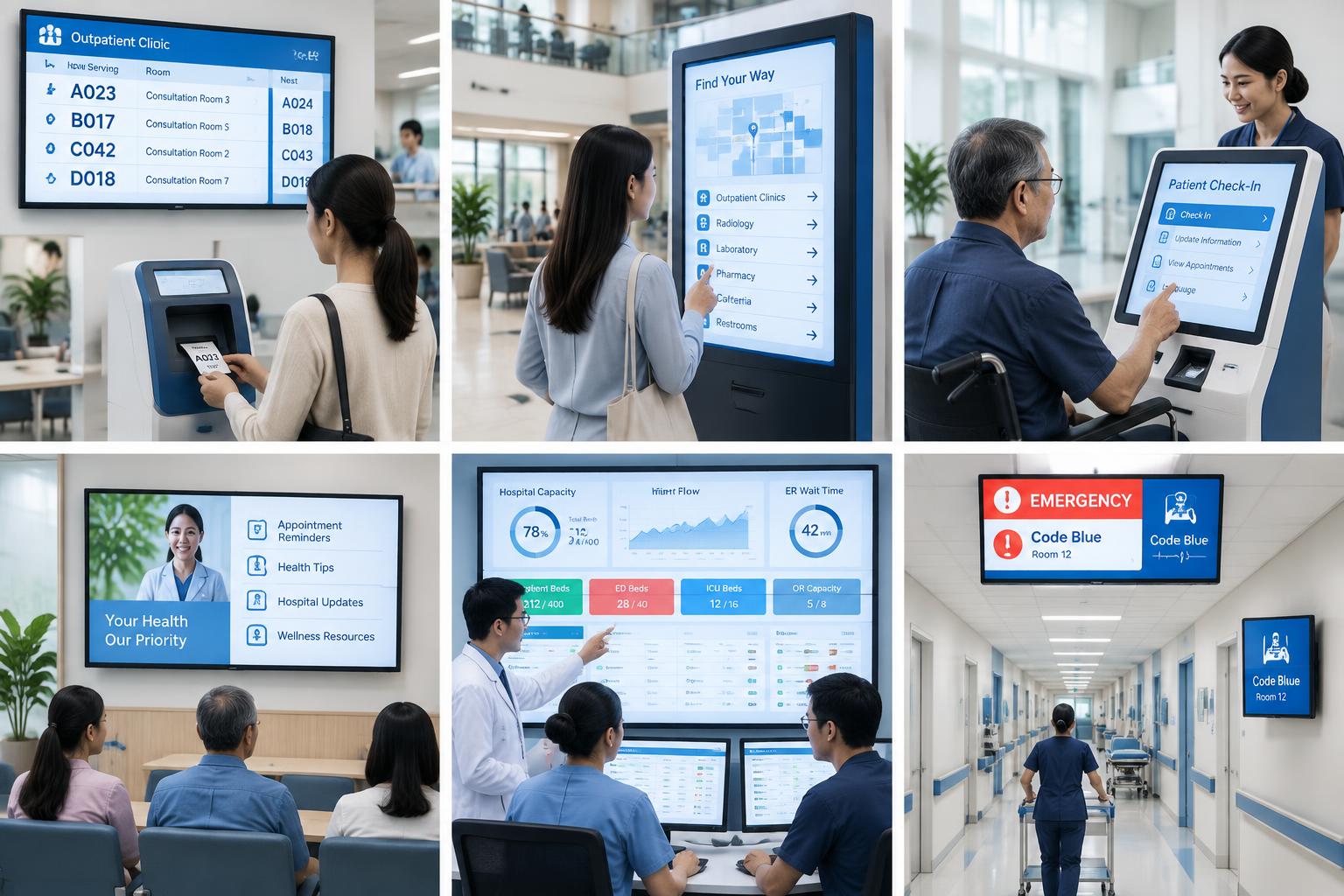 Hospital queue management display and ticket station