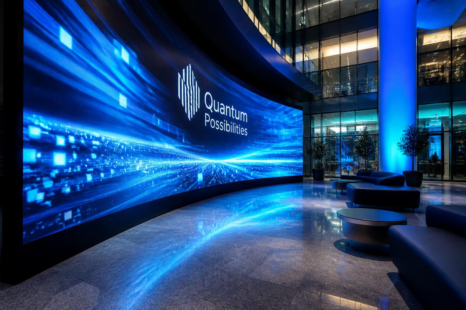 Large curved LED video wall in a corporate lobby
