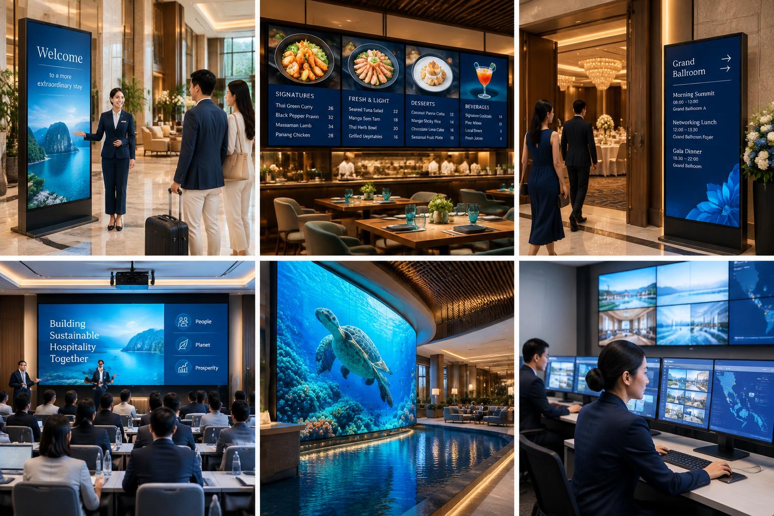 Premium digital welcome signage in a hotel lobby