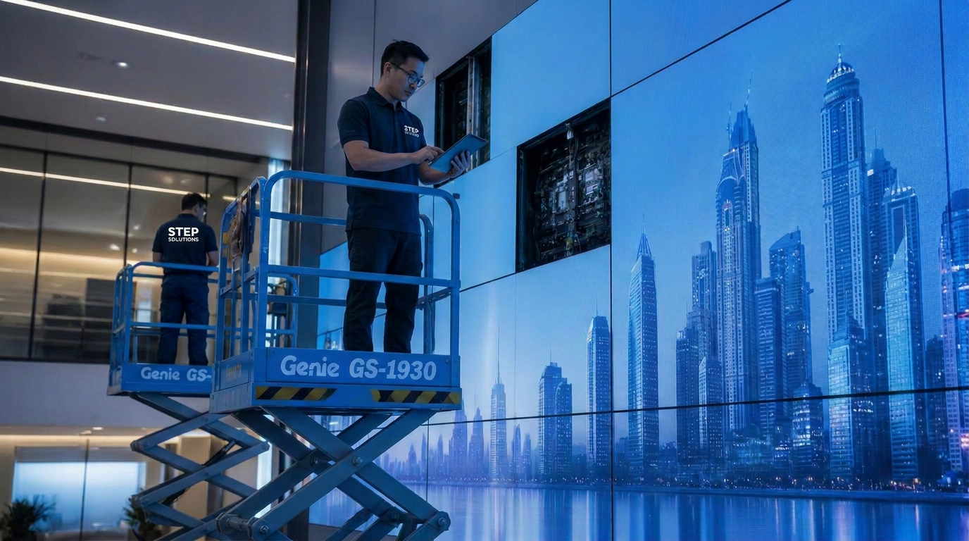 Service engineer maintaining an LED video wall