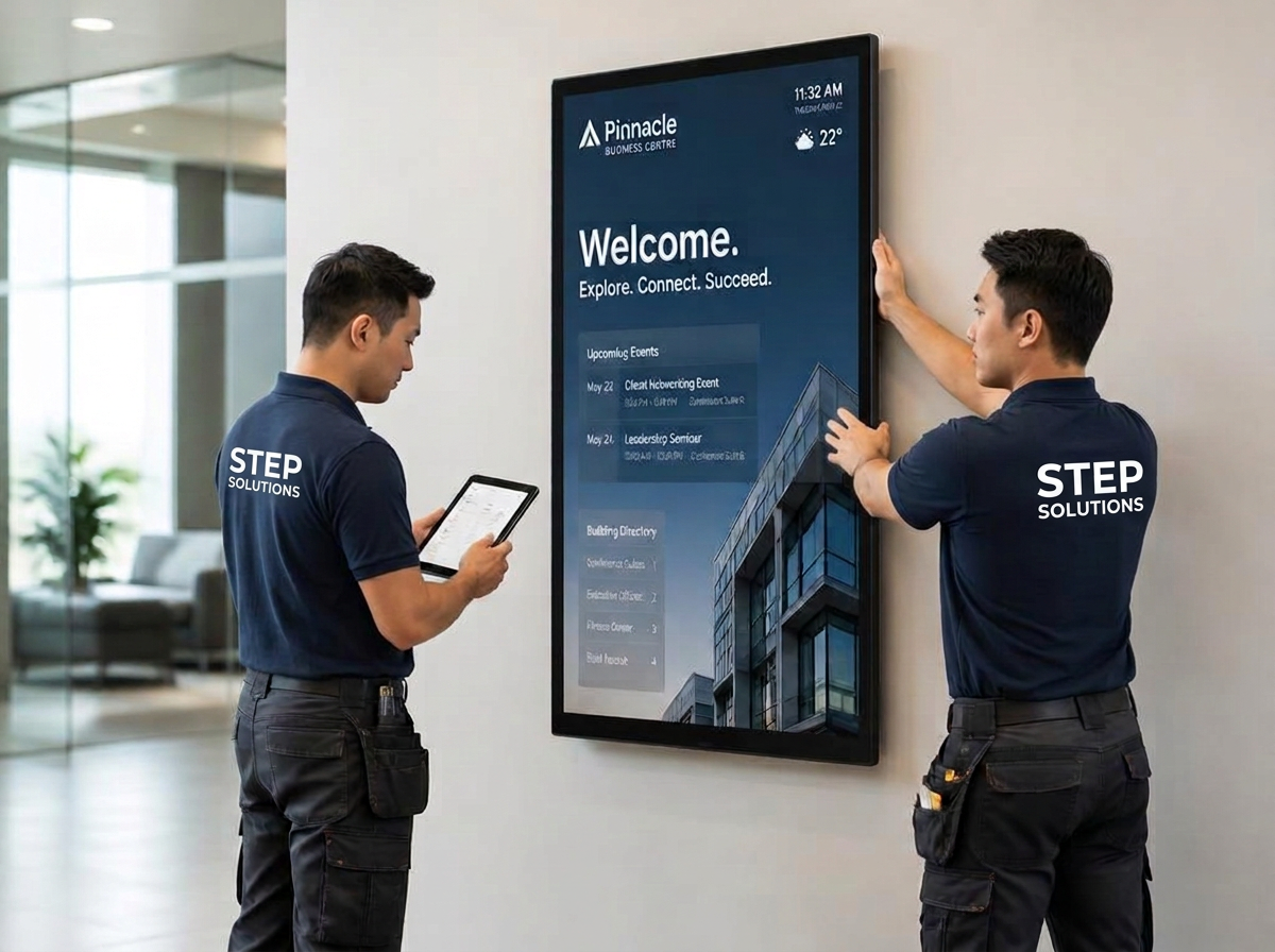 Technician installing and configuring a display system