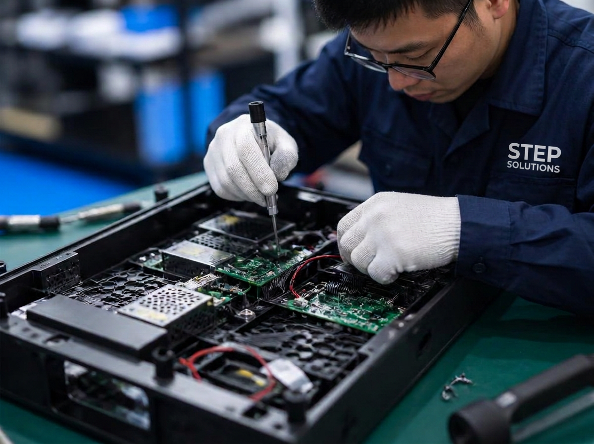 Engineer inspecting and repairing display equipment